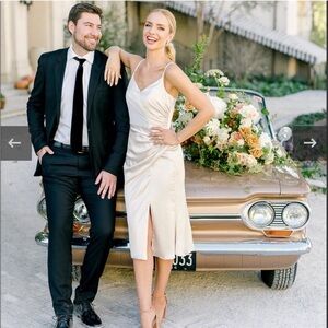 Revelry Rory Satin Midi Dress Gold Champagne Ruched Bridesmaid Formal Prom Dress